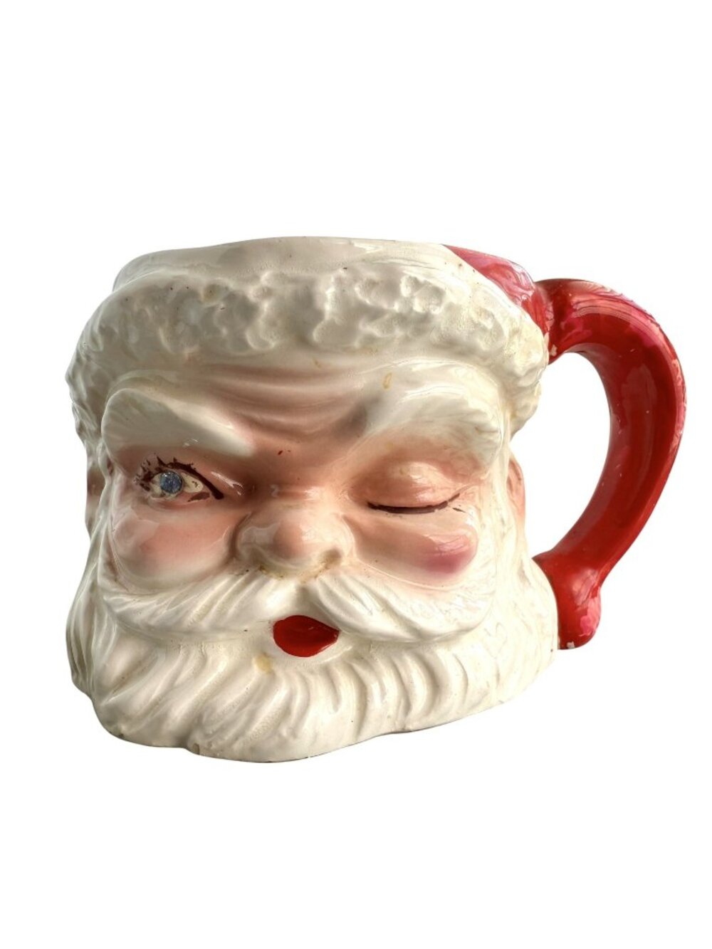 Vintage Winking Santa Face Christmas Mug Rhinestone Blue Eye